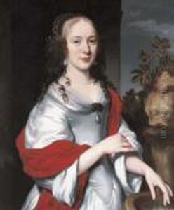 Portrait Of Lady, Three-quarter-length, In A Satin Dress With A Redshawl, By A Fountain