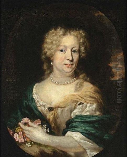 A Portrait Of A Lady, Bust
Length, Wearing A White Satin Dress With A Green And Yellow Shawl, Pearl
Necklace And Earrings And Holding Flowers In Her Left Hand, In A Park
Landscape, In A Painted Oval - view 1