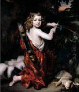 Portrait Of A Young Boy In 
Classical Costume, Holding A Bow And Arrow, With A Rabbit, In A Woodland
 Setting