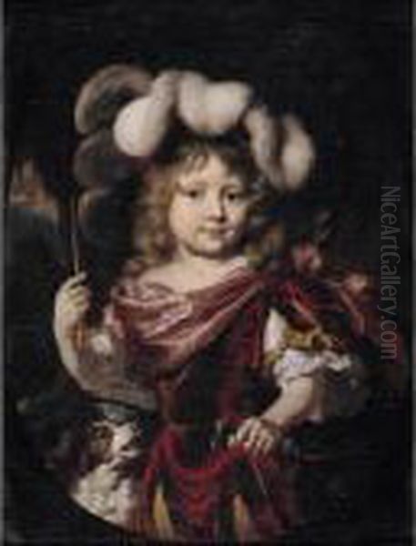 Portrait Of A Young Boy, Three
Quarter Length, Wearing Classical Costume, Holding A Bow And Arrow,
Accompanied By A Spaniel - view 1
