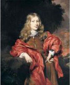 Portrait Of A Gentleman, 
Three-quarter Length, Wearing A Brown Tunic And A Red Cloak, In A Wooded
 Landscape At Sunset by Nicolaes Maes