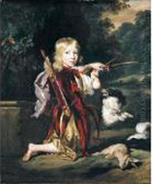 Portrait Of A Young Man, Full 
Length, Wearing A Red Tunic, And Holding A Bow And Arrow, With A Spaniel
 And A Hare - view 1