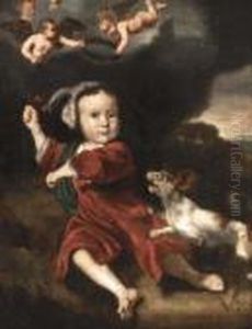 Portrait Of A Boy, Full-length,
In Red Dress And Holding Two Cherries, With A Dog In A Landscape by Nicolaes Maes