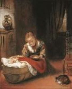 An Interior With A Young Girl
Eating Curds From A Bowl, And An Infant In A Wicker Cradle, A Cat Before
A Chair Beside Them by Nicolaes Maes
