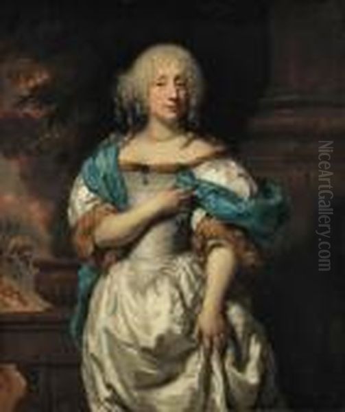 Portrait Of A Lady, 
Three-quarter-length, In A White Dress And Ablue Shawl, On A Terrace, A 
Wooded Landscape Beyond - view 1