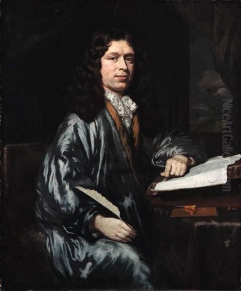 Portrait Of A Gentleman, Small
Three-quarter Length, Wearing A Bluerobe, Seated At A Writing Table, A
Quill In His Hand; And Portraitof A Lady, Small Three-quarter Length, In
A Red Gown With A Brownwrap, Seated At A Table - view 1