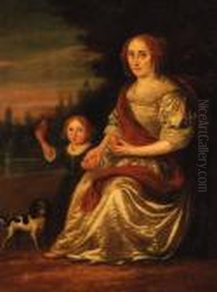 Portrait Of A Lady, Full-length,
 In A White Dress And A Red Wrap,with Her Son And A Spaniel At Her Side,
 Seated In A Landscape - view 1