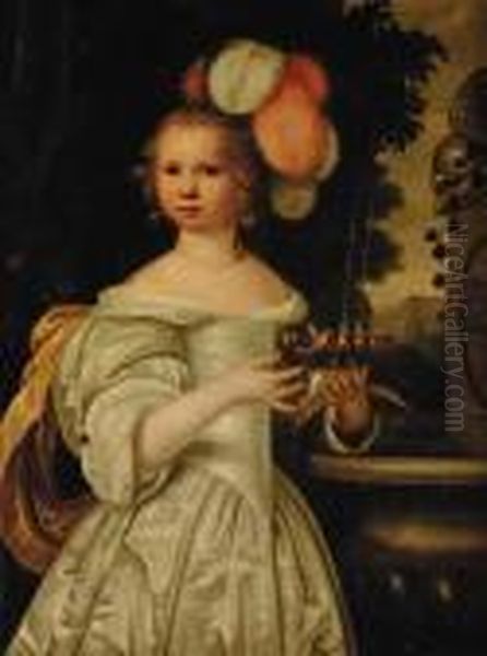 Portrait Of A Girl,
Three-quarter-length, In A White Dress Andfeathered Headdress, Standing
By A Fountain - view 1