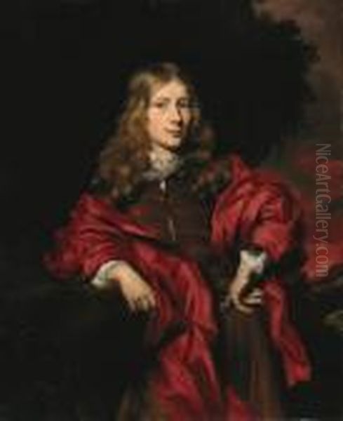 Portrait Of A Gentleman, Small 
Three-quarter-length, In A Browntunic With A Red Cloak In A Wooded 
Landsape At Sunset - view 1
