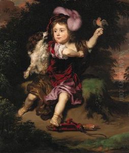 Portrait Of A Boy With A
Spaniel, A Robin Resting On His Left Hand,a Bow And Arrows At His Feet by Nicolaes Maes