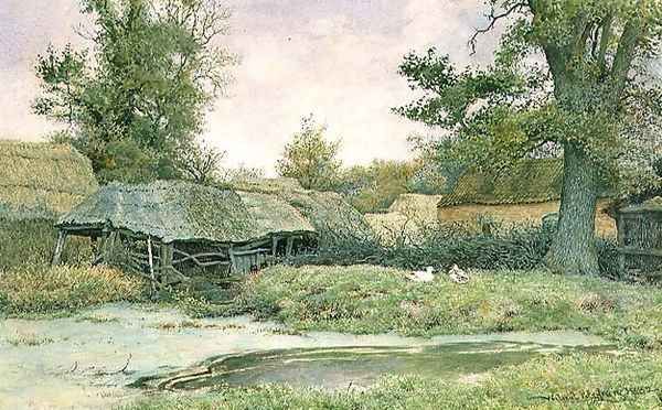 Farmyard with duck pond and ducks - view 1