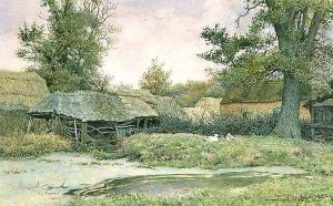 Farmyard with duck pond and ducks by Wilmot, R.W.S. Pilsbury