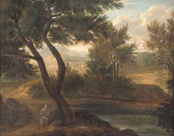 A river landscape with a figure in the foreground, a fortified town beyond - view 1