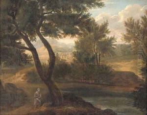 A river landscape with a figure in the foreground, a fortified town beyond by Gaspard Dughet