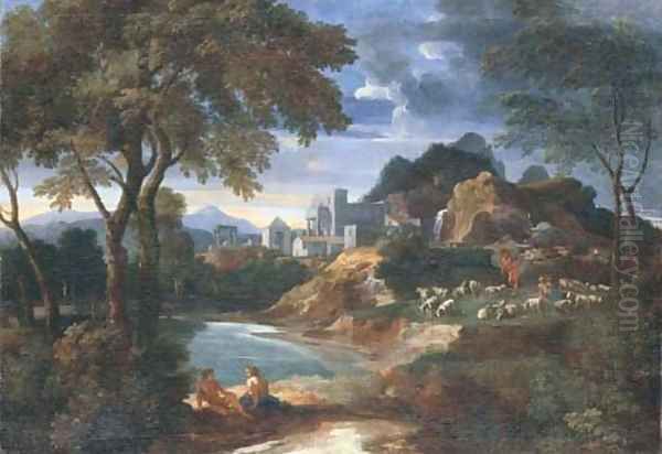 An Italianate river landscape with a villa and shepherds resting with their flock by a pond - view 1