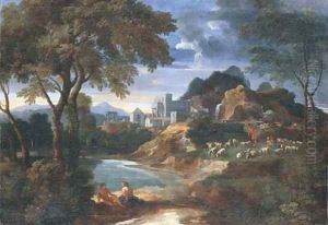 An Italianate river landscape with a villa and shepherds resting with their flock by a pond