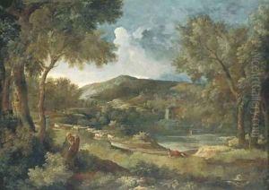 An Italianate river landscape with a shepherd and his flock