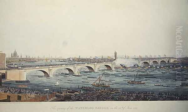 The Opening of the Waterloo Bridge on the 18th of June, 1817, etched by A. Pugin from a drawing by W. Findlater, engraved by R. Havell and Son, 1818 - view 1