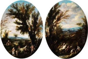 Bauerliche Genreszenen In Landschaft Unter Hohen Baumen by Alessandro Magnasco