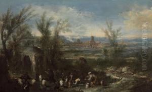 Extensive Landscape With Figures At A Shrine by Alessandro Magnasco