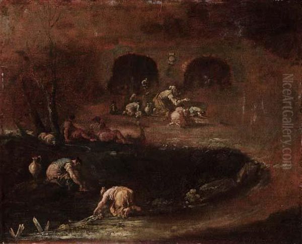 Capriccio Con Due Lavandaie In Riva A Uno Stagno E Due Uomini Sdraiati - view 1