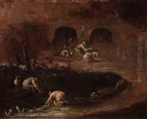 Capriccio Con Due Lavandaie In Riva A Uno Stagno E Due Uomini Sdraiati Capriccio Con Due Lavandaie In Riva A Uno Stagno E Due Uomini Sdraiati