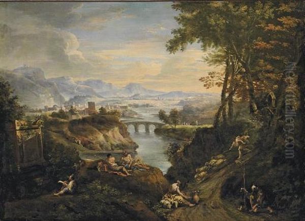 An Extensive Mountainous River Landscape With Figures In The Foreground - view 1