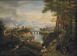 An Extensive Mountainous River Landscape With Figures In The Foreground