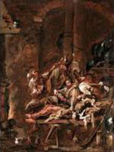 Interior With Figures Playing Cards Before A Fire Place by Alessandro Magnasco