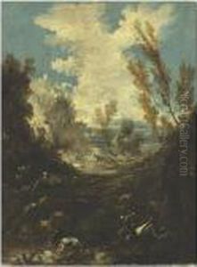 A Rocky River Landscape With Figures by Alessandro Magnasco