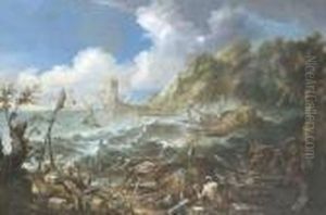 Costa Mediterranea Con Un Borgo 
Portuale, Il Mare In Tempesta, Pescatori In Primo Piano Ed Un Cetaceo In
 Lontananza