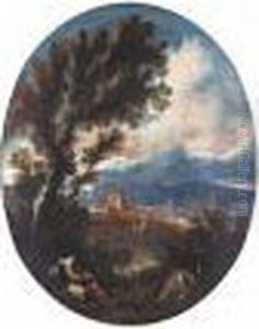 An Italianate Landscape With Travellers, With A Range Of Mountains Beyond by Alessandro Magnasco