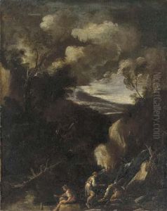 A Wooded Landscape With Figures Seated By A Waterfall by Alessandro Magnasco
