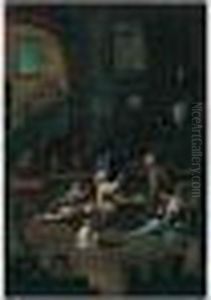 A Peasant Interior With Figures Teasing A Dog