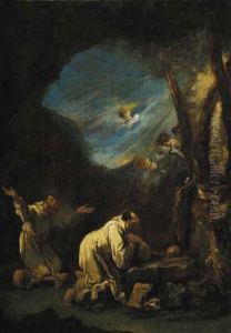 A Stormy Landscape With Carthusian Monks Praying At A Shrine, Angels In The Sky Beyond by Alessandro Magnasco