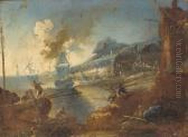A Mediterranean Harbour With A Man-o'-war And Stevedores On The Shore - view 1