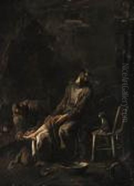 A Capuchin Friar Tending A Companion's Foot By A Fire - view 1