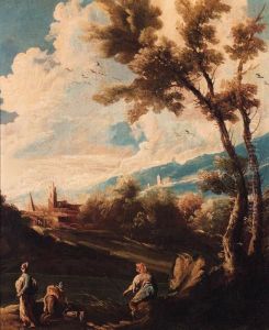 A Wooded River Landscape With An Angler And Washerwomen by Alessandro Magnasco