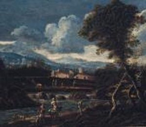 A River Landscape With Peasants On A Track, A Village And Mountainsbeyond by Alessandro Magnasco
