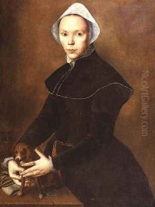 Portrait of a lady with a lapdog on a table Portrait of a lady with a lapdog on a table