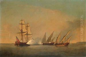 An English privateer in action with two armed French galleys in the Mediterranean by Richard Paton