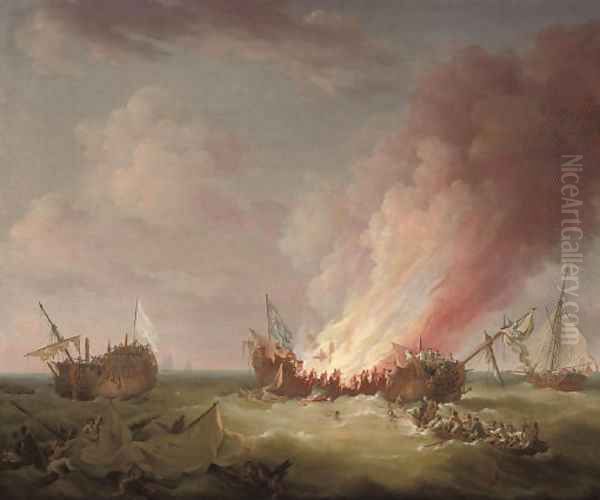 H.M.S. Quebec ablaze at the end of her epic struggle with the French frigate Surveillante, 6th October 1779 - view 1