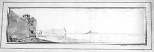 Part of the ruins of Hartlepool Priory, with Wrexton Church across the bay by Francis Place
