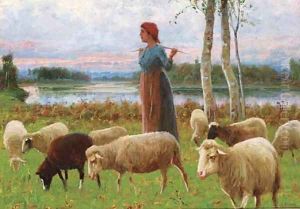 A shepherdess amongst her flock at dusk by Ruggero Panerai