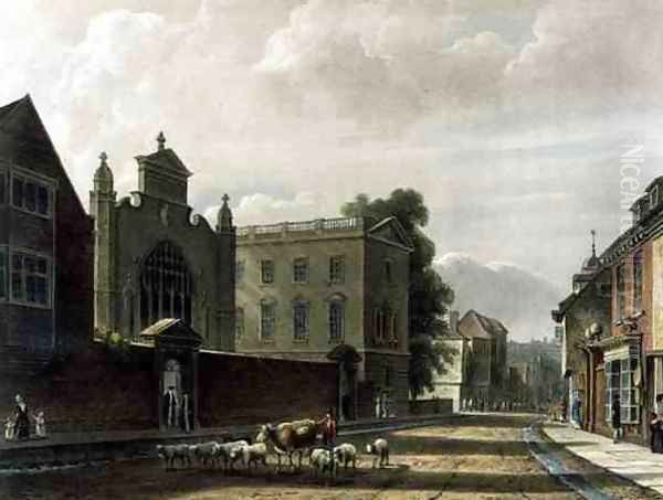 Exterior of St. Peters College Peterhouse, Cambridge, from The History of Cambridge, engraved by Joseph Constantine Stadler fl.1780-1812, pub. by R. Ackermann, 1815 - view 1