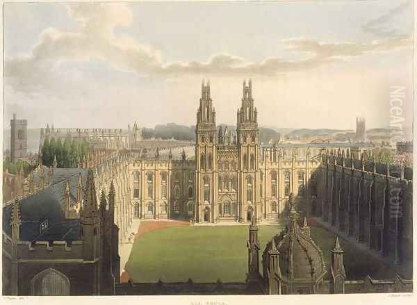 Exterior view of All Souls College, taken from the top of Radcliffe Library, illustration from the History of Oxford, engraved by J. Bluck fl.1791-1831 pub. by R. Ackermann, 1814 - view 1