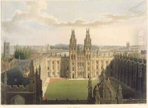 Exterior view of All Souls College, taken from the top of Radcliffe Library, illustration from the History of Oxford, engraved by J. Bluck fl.1791-1831 pub. by R. Ackermann, 1814