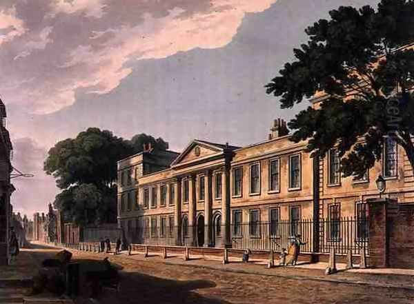 Front of Emmanuel College, Cambridge, from The History of Cambridge, engraved by Joseph Constantine Stadler fl.1780-1812, pub. by R. Ackermann, 1815 - view 1