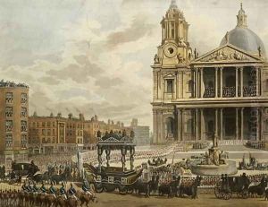 Funeral Procession of the late Viscount Nelson, from the Admiralty to St.Pauls, 9th January 1806, engraved by Merigot, pub. 1806