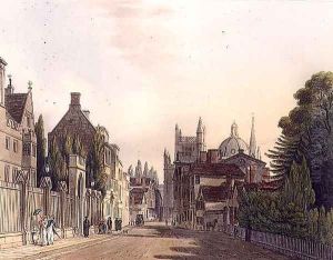 Exterior of Wadham Hall seen from the parks, illustration from the History of Oxford, engraved by J. Hill, pub. by R. Ackermann. 1813 by Augustus Charles Pugin